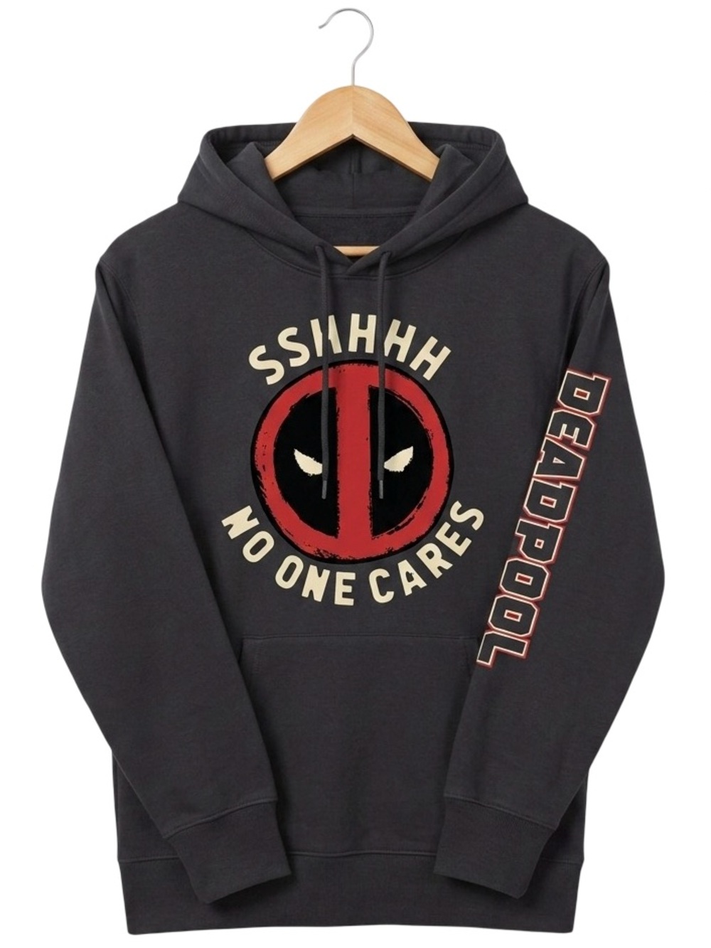Marvel Deadpool Mens Hoodie Sshhhh No One Cares Graphic Pullover Black Size Smal